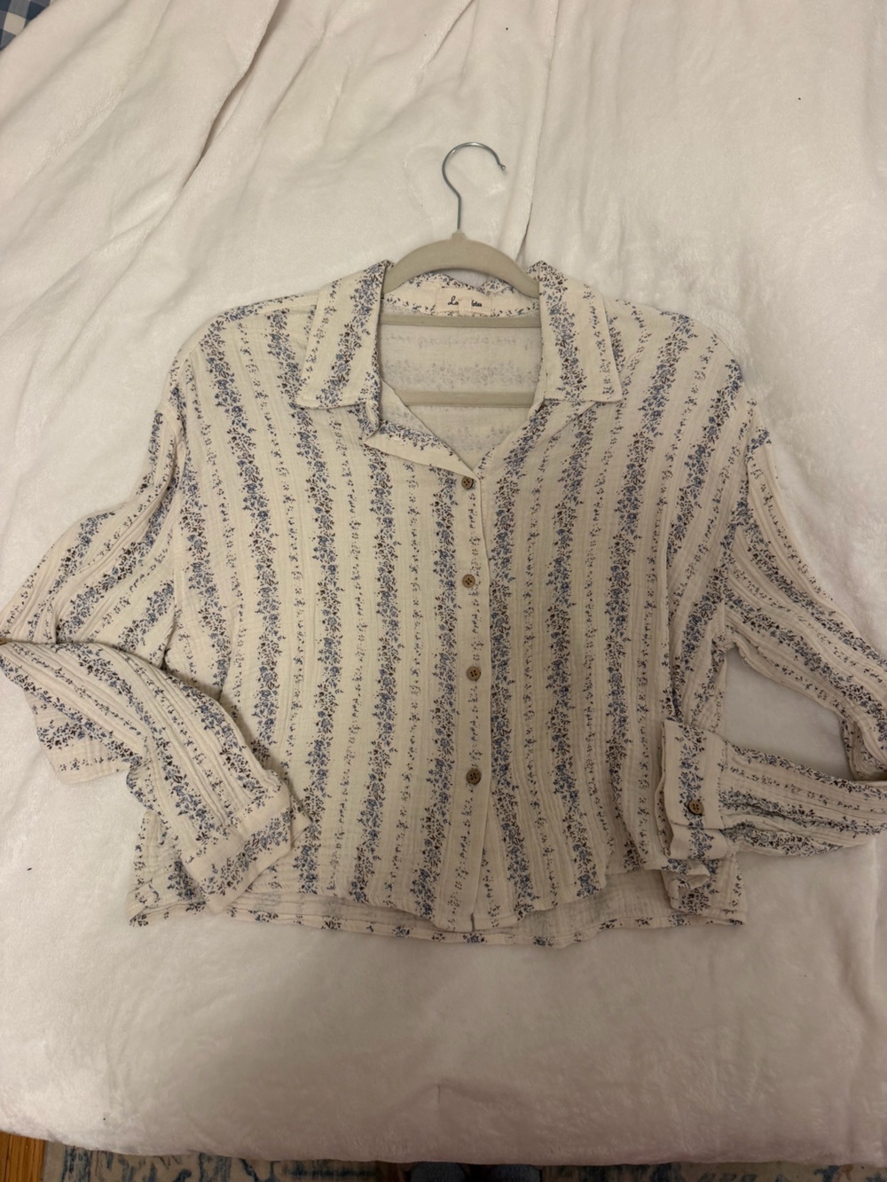 Love Notes Cream and Blue Floral-Striped Button Cardigan